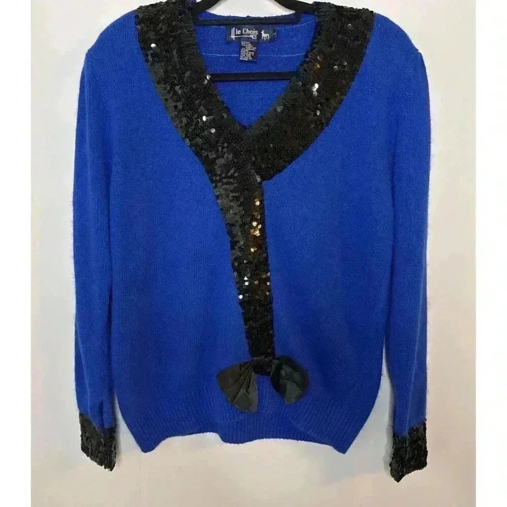 Le Chois Vintage Sweater Womens Large Silk Angora Wool Blend Sequin Holiday Blue
